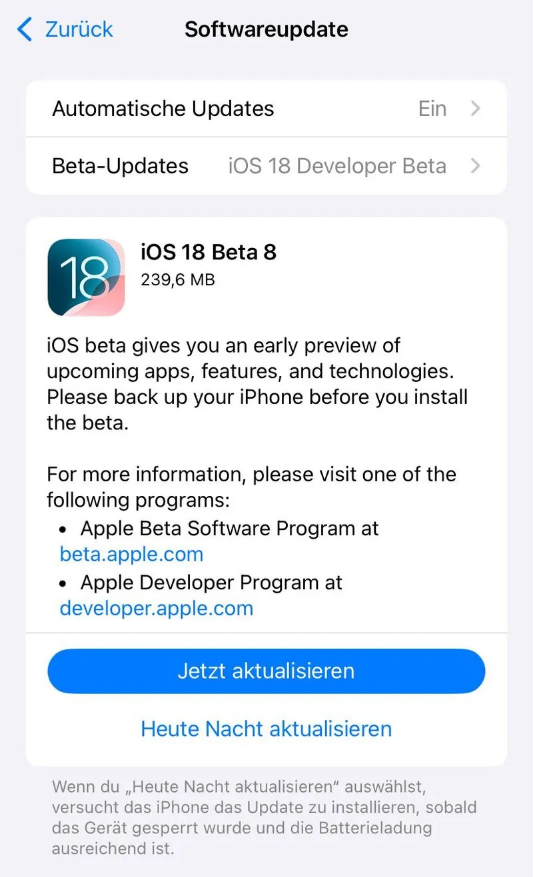 琼结苹果手机维修分享苹果 iOS / iPadOS 18 开发者预览版 Beta 8 发布 